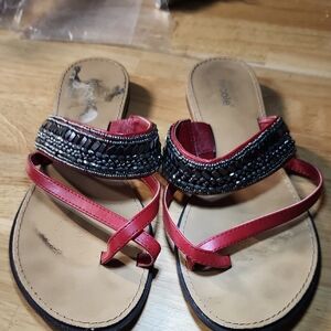 Red And Gunmetal Beaded Sandals